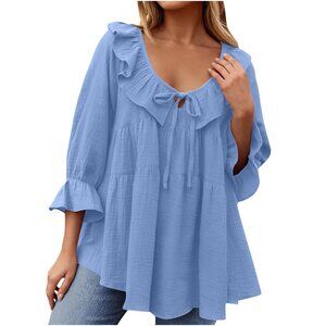 2/$40 Blue Ruffle Peasant Blouse Top 3/4 Sleeve Boho Loose Fit Tunic Shirt XL